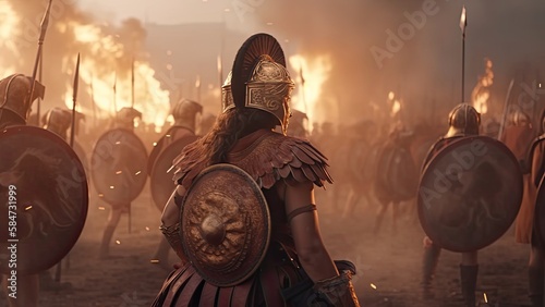 Ancient Roman female generals, soldiers and cavalry on the battlefield. Generative AI.
