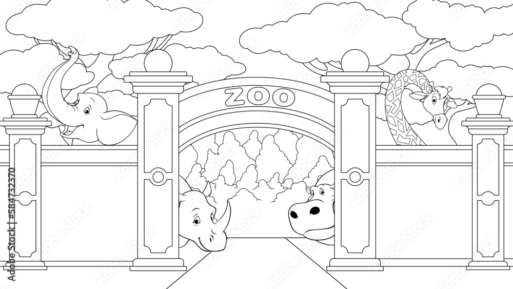 Vector illustration, zoo entrance with animals, book coloring.