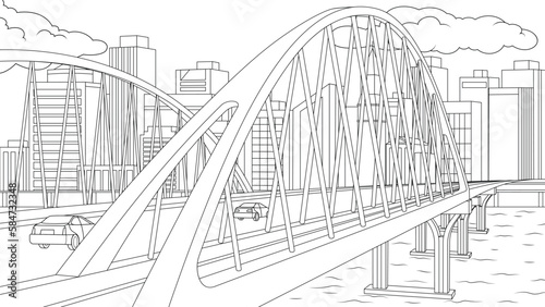 Vector illustration, modern bridge across the strait, book coloring
