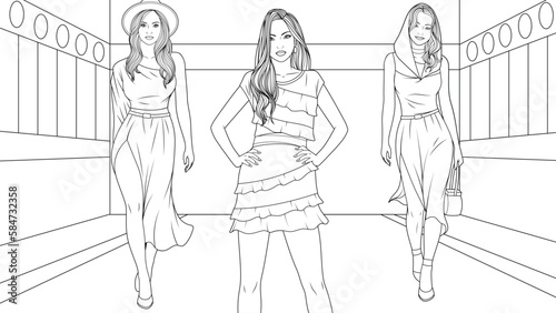 Vector illustration, beautiful girls walk the runway, fashion show.