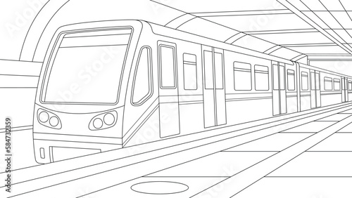 Vector illustration, underground metro station with train, book coloring