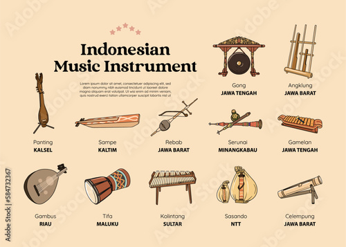 set of indonesian traditional music instrumental hand drawn illustration