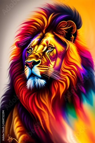 Rendering of "Regal Majesty: Colorful Lion with Crown". Generative AI. 