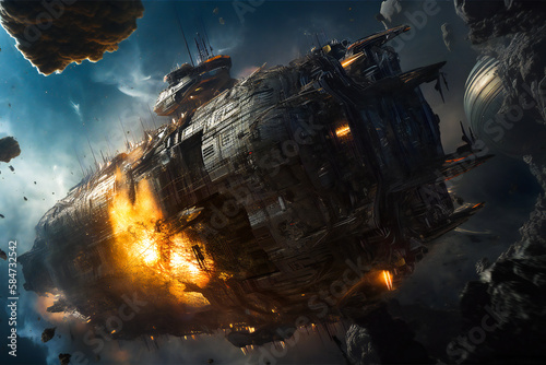 Giant space ship being damaged after a space battle. Created with Generative AI technology. © Adrian Grosu