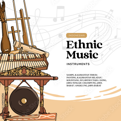Indonesian music instruments hand drawn vector illustration. Music social media post template photo