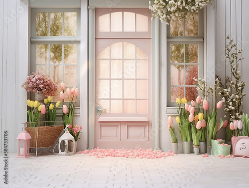 illustrazione di sfondo digitale di porta di ambiente pasquale, con uova e fiori, ideale per manipolazione fotografica, creato con intelligenza artificiale photo