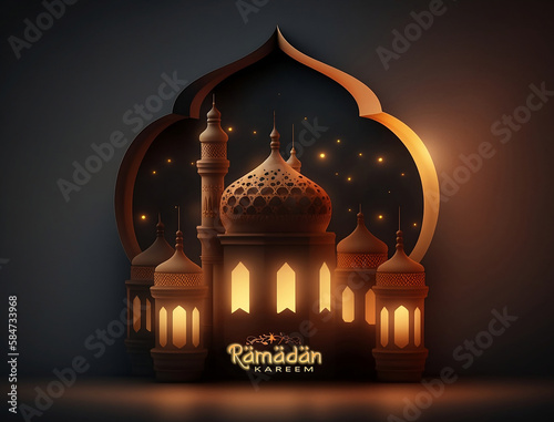 Arabic temple glowing at night and sparkling golden bokeh lights. Holiday card, invitation to Muslim holy month Ramadan Kareem. Dark background.