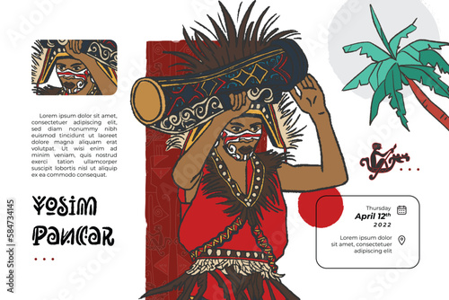 papuanese yosim pancar dance illustration for social media post hand drawn indonesian cultures background