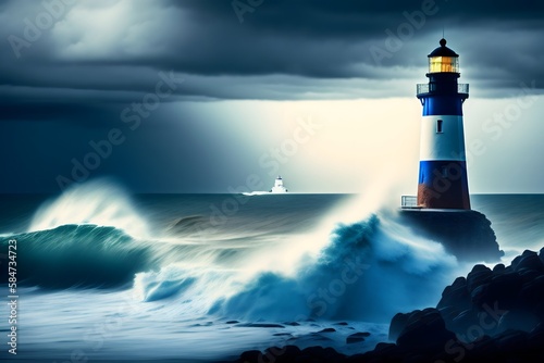 Rendering of Lighthouse in the Storm. Generative AI. 