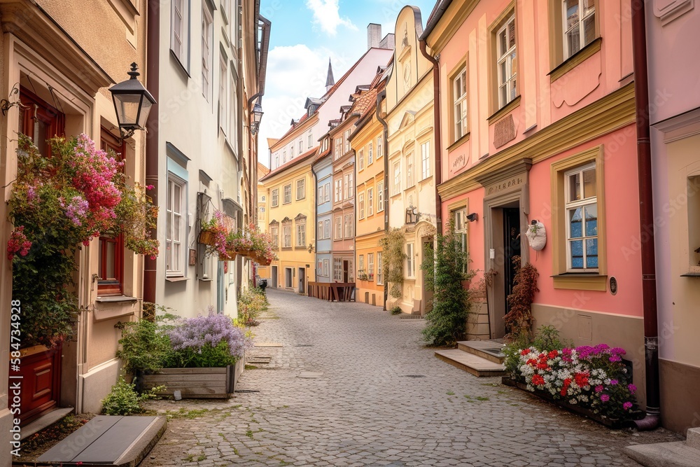 Colorful cobblestone street in a historical European street. Generative AI