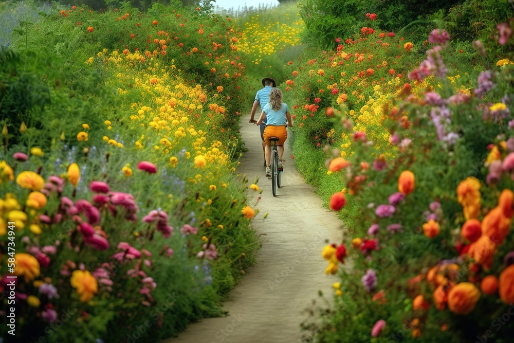 Couple riding bikes in rural trail full of colorful flowers. Generative AI