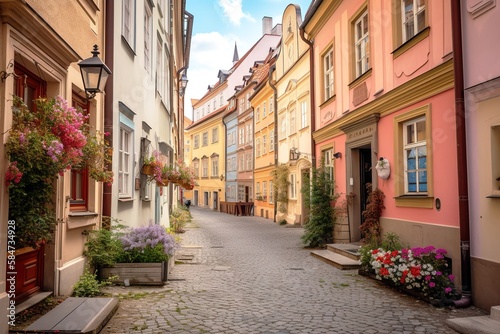 Colorful cobblestone street in a historical European street. Generative AI © Pajaros Volando