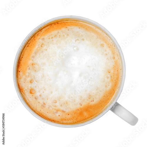 Cup of coffee latte top view isolated