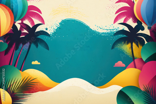 Summer background with palms, colorful beach party flyer or poster template. Generative AI