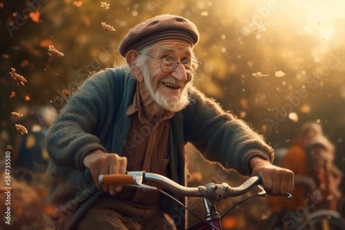 Happy and smiling elderly man ride the bicycle - AI generative