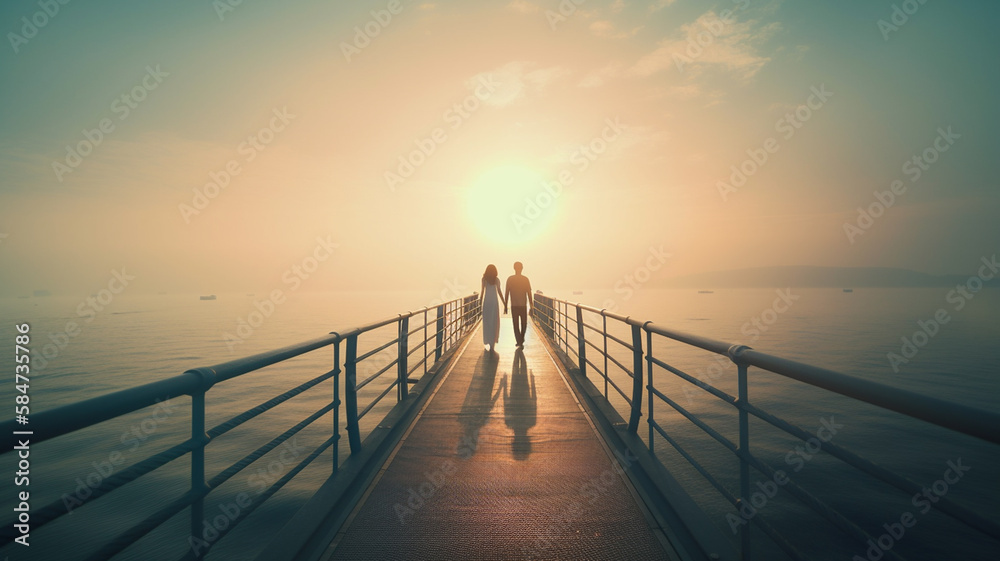 Fototapeta premium Couple walking on a long bridge together.