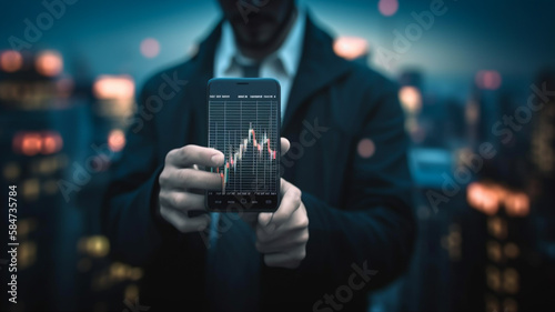 Business man trader holding phone with candle stick chart analysis. Concept of investing in forex, crypto or stocks. © Artofinnovation