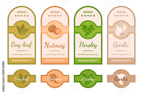 Seasonings and spices organic premium quality label sticker set vector isometric illustration