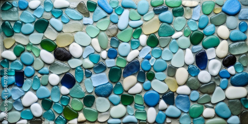 Beach glass mosaic background  close-up round and oval multicolored ocean stones background  generative ai