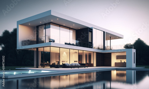 Modern architecture design house building exterior, author's design design of modern creative housing, with large spacious windows, balcony and a big pool, generated ai © Creative Team