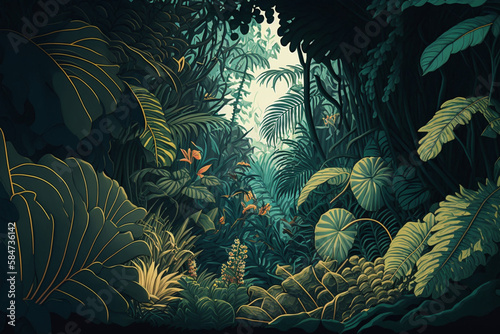 Tropical jungle with plants nature green tropical plants leaves, nature background, summer jungle or forest, generated ai