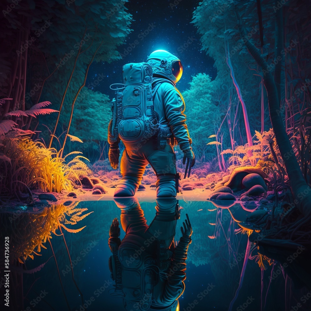 3D illustration of science fiction scene showing surreal astronaut in neon lit swampy forest on water planet. Psychedelic jungle astronaut. Retrowave explorer diver oxygen backpack  Generative AI 