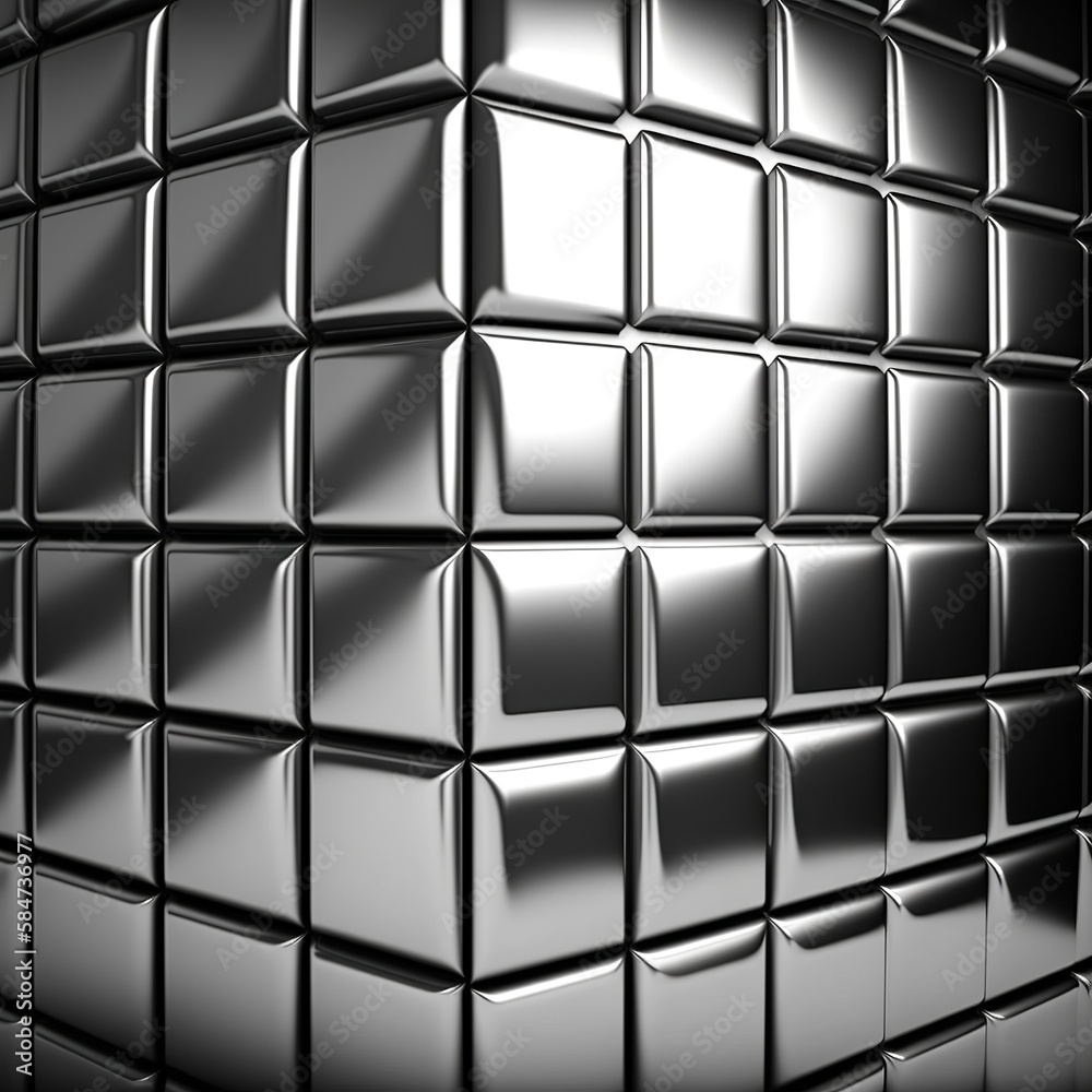3D Tiles arranged to create a Square wall. Luxurious, Polished Background formed from Silver blocks geometry sparkling bright shine spatial effect gray 
alloy design pattern decoration Generative AI 