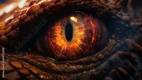 Close up of eye of mystical ancient dragon creature, generative ai.