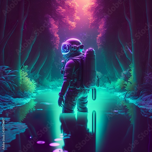 3D illustration of science fiction scene showing surreal astronaut in neon lit swampy forest on water planet. Psychedelic jungle astronaut Retrowave explorer diver oxygen backpack cloud Generative AI 
