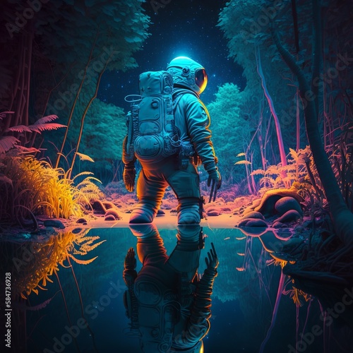 3D illustration of science fiction scene showing surreal astronaut in neon lit swampy forest on water planet. Psychedelic jungle astronaut. Retrowave explorer diver oxygen backpack Generative AI 