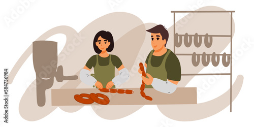 A man and a woman make sausages and sausages. Sausage factory. Vector illustration