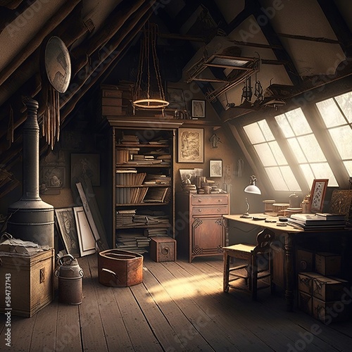 atticc old, dusty lots of antiques light coming through the window bookshelf lumber unused items furniture junkyard books bookshelf  table dirty wooden floor indoor unnecessary not used Generative AI 