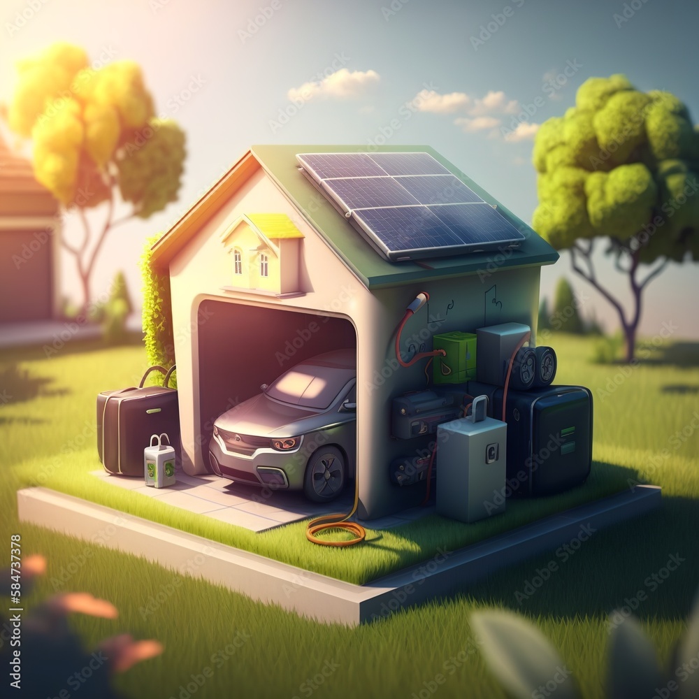 Fotografija Concept of a home battery energy storage located in a garage with a sunny background with lawn car, family house and big city