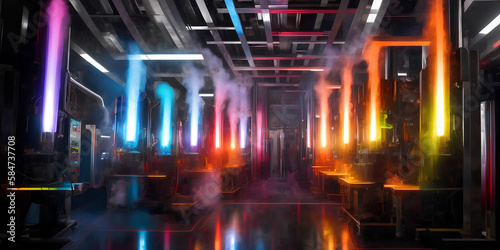 Futuristic Data Center with Colored Lights and Smoke (Created using generative AI) © DigiDazzle