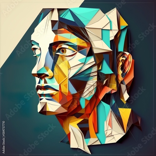 Human face parts in cubism style. Colorful imitation of oil painting art geometric shapes head paper folding folded man woman Generative AI 