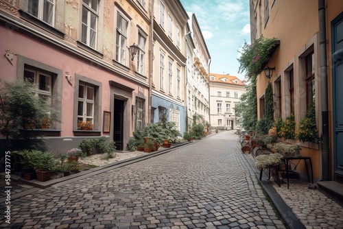 Cobblestone street in historical European town. Generative AI © Pajaros Volando