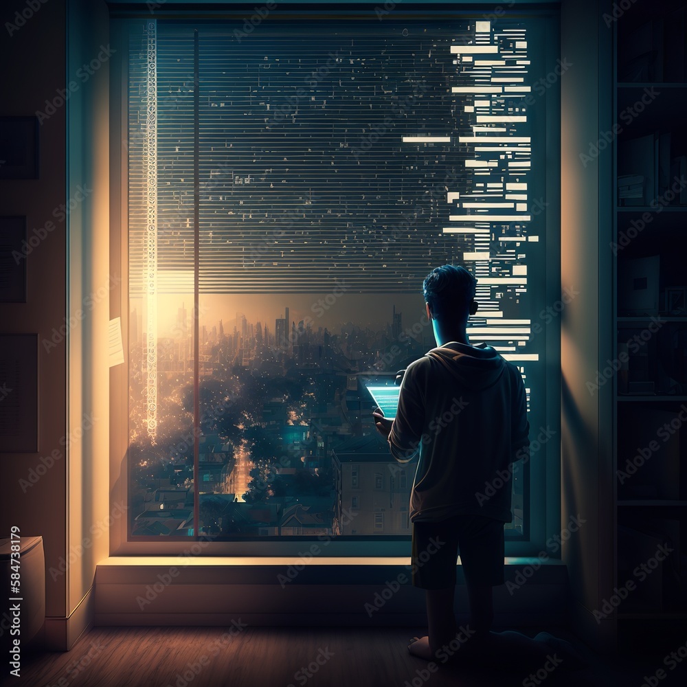 Fototapeta premium smart blinds on the window, future concept digital automatic light city futuristic high-tech woman man tablet information study Generative AI 
