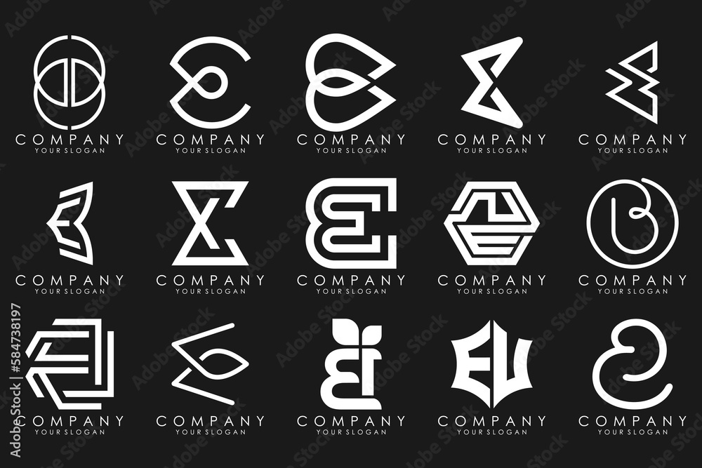 mega collection letters E logo design inspiration. Geometrical abstract logos mega collection letters E logo design inspiration. Geometrical abstract logos