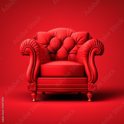 red armchair on green background sofa couch comfortable soft padded porous with armrests stabile chair patterned ornate Generative AI photo