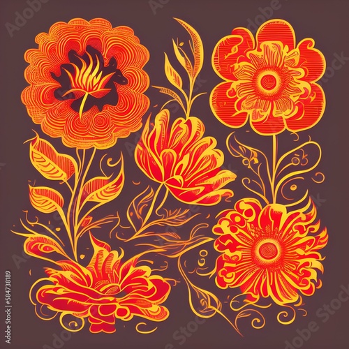 Retro fire flower flowers illustration print poster - Vector - generative ai