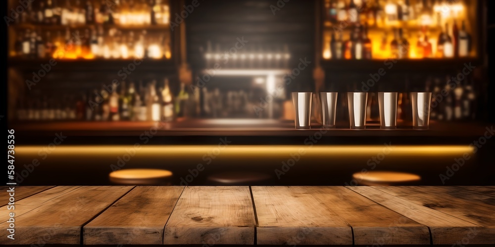 Wooden counter of bar with free space, generative ai