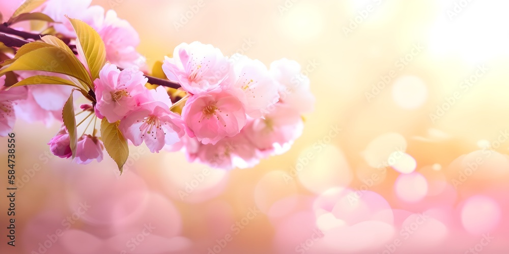 Spring banner, branch of blossoming cherry, beautiful nature outdoors, copy space, generative ai illustration