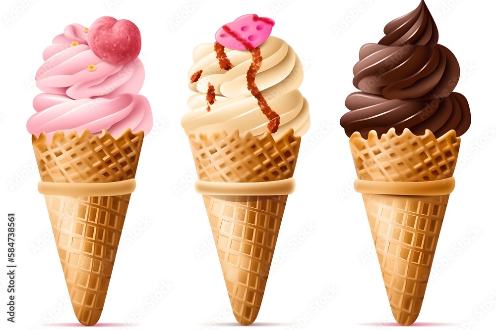 Set of ice cream of different flavors in cones, isolated on white background, generative ai Set of ice cream of different flavors in cones, isolated on white background, generative ai