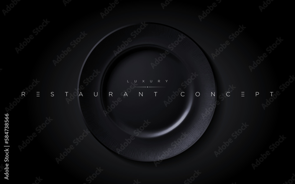 Isolated realistic luxury black round plate on the dark table. 3d elegant wallpaper for premium cafe, restaurant, fine dining, food brand, menu cover design etc… vector illustration Isolated realistic luxury black round plate on the dark table. 3d elegant wallpaper for premium cafe, restaurant, fine dining, food brand, menu cover design etc… vector illustration