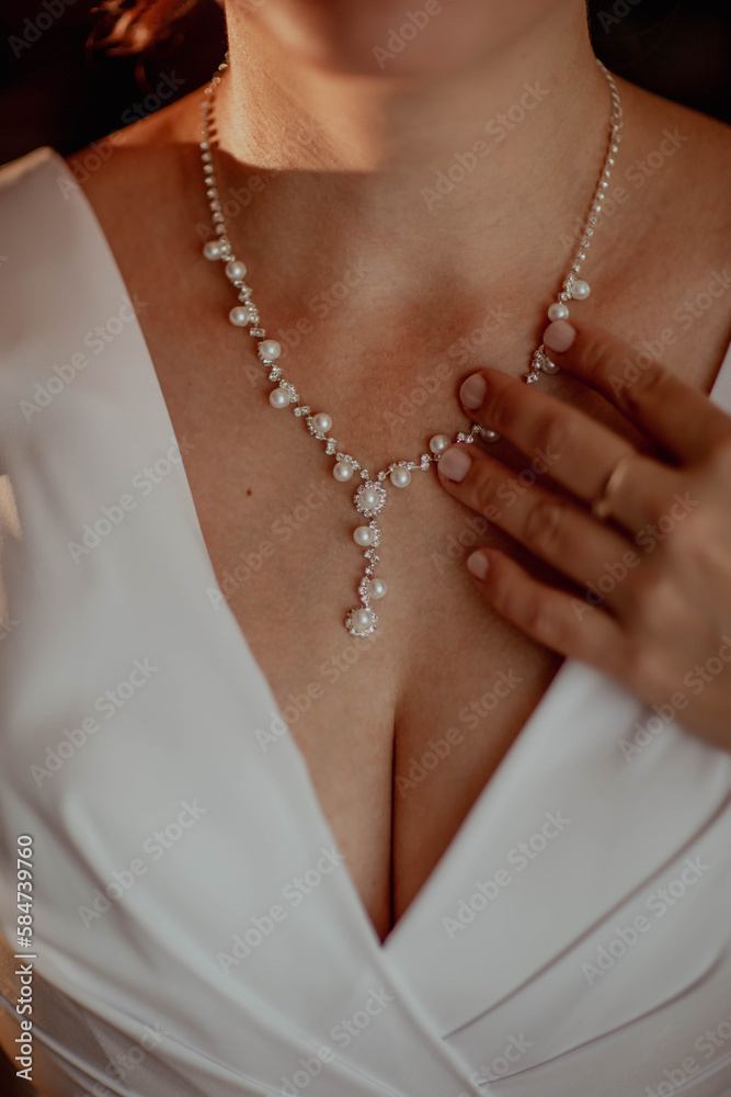 Wedding accessory bride necklace on the chest, wedding dress