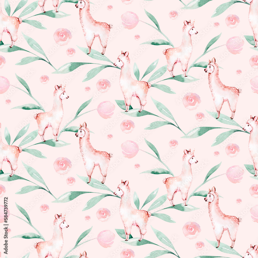 Floral seamless pattern with blossom flowers and green branches, watercolor illustration on white background, print for textile or wallpapers in provence style