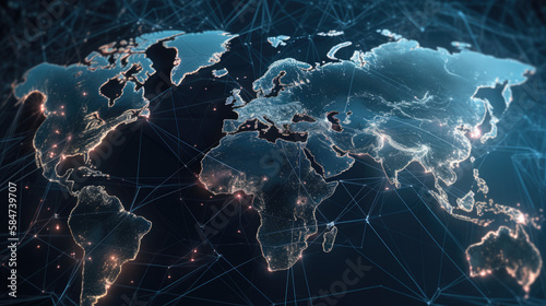 planisphère du monde avec réseaux de connections et de communications, carte sur fond sombre avec zone peuplée éclairées