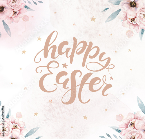 Happy easter hand drawn text as greeting card, watercolor poster, banner, social media post. Festive design with hand drawn flower frame. Easter lettering concept. © kris_art