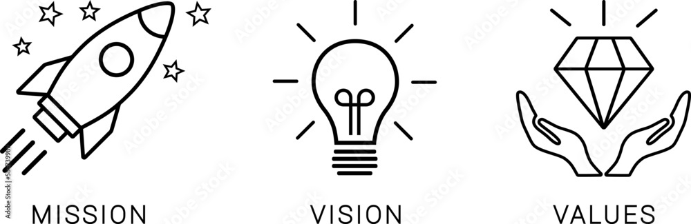Linear vector icons of mission, vision and values as company growth concept Linear vector icons of mission, vision and values as company growth concept