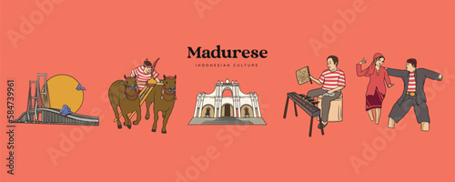 Set Madura Illustration. Hand drawn Indonesian cultures background